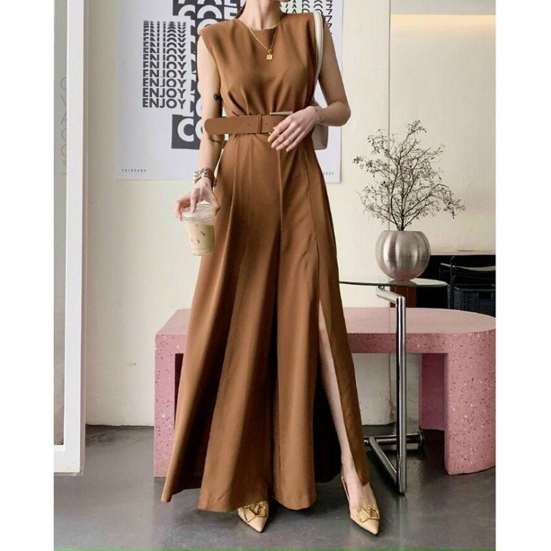 Jumpsuit dài xẻ tà, vải lụa, màu cam đất sang chảnh kèm nịt, đủ size mặc đi tiệc, đi chơi