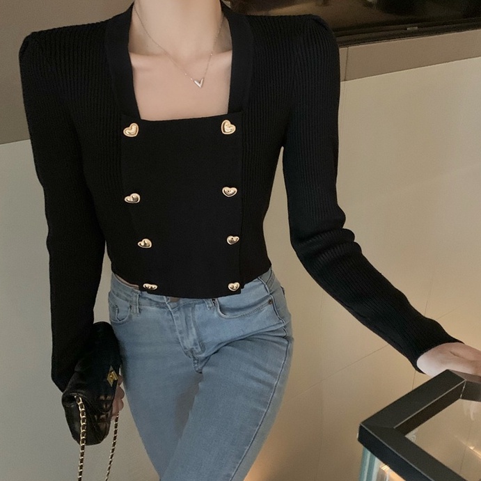 Áo dệt kim ZHELIHANGFEI tay dài cổ vuông phối nút cài thời trang xinh xắn cho nữ