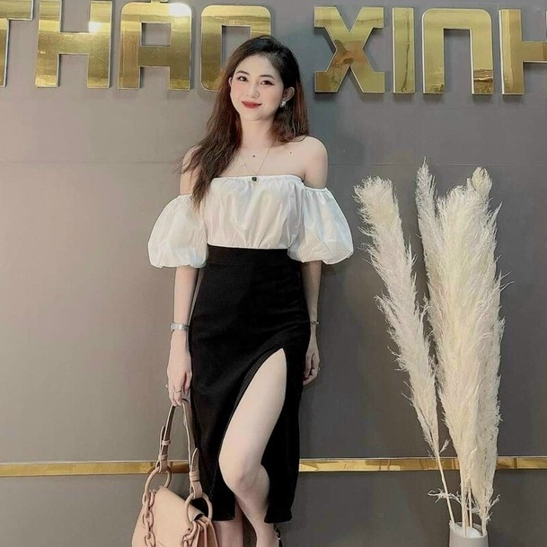 Set áo trễ vai tay phồng kèm chân váy xẻ tà công sở đi chơi dự tiệc