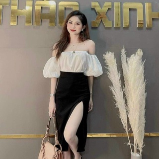 Set áo trễ vai tay phồng kèm chân váy xẻ tà công sở đi chơi dự tiệc