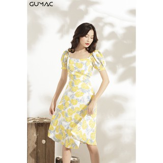 Đầm họa tiết cổ vuông GUMAC MS10913_VANG