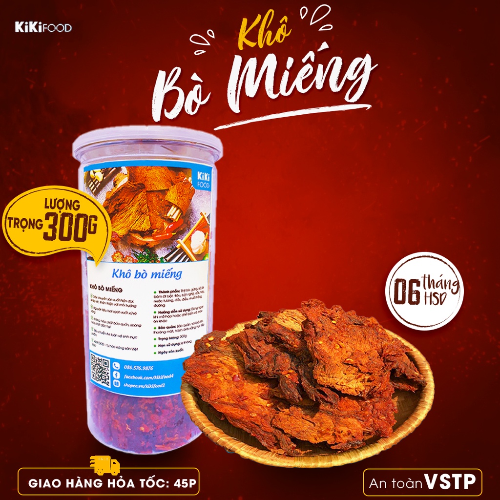 Khô bò miếng hồng ngự 300G KIKIFOOD thơm ngon, đồ ăn vặt Việt Nam an toàn vệ sinh thực phẩm