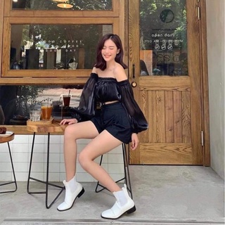 SP sẵn -  ÁO TRỄ VAI CROPTOP ORGANZA VOAN TƠ BE ĐEN TRẮNG - ÁO CROPTOP TRỄ VAI DÀI TAY GIẤY XƯỚC ULZZANG