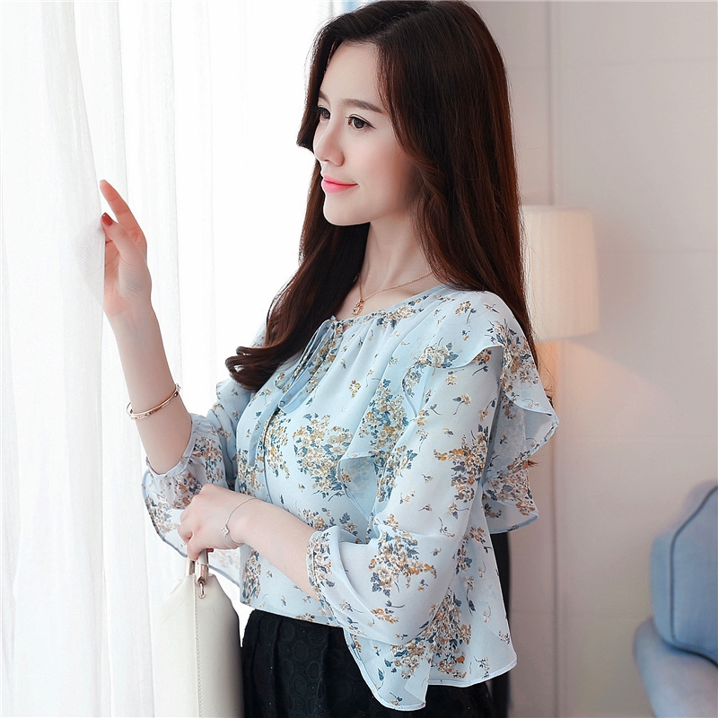 New  Korean Woman Chiffon Shirt Female Summer Long Sleeve V-neck Shirt Temperament Floral Shirt | BigBuy360 - bigbuy360.vn