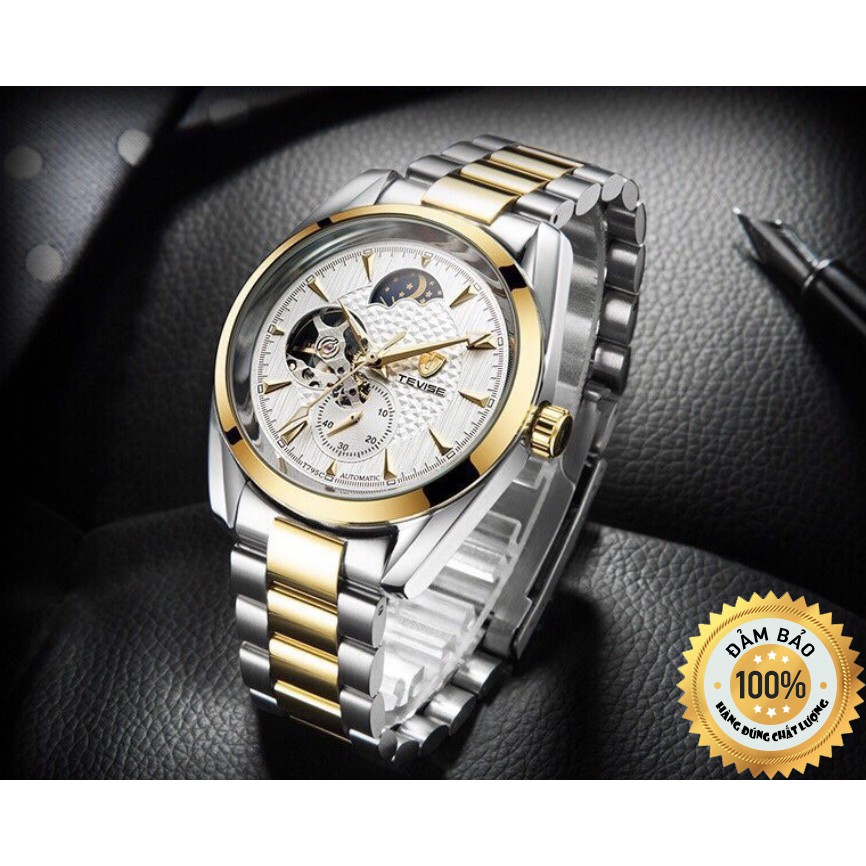 Đồng Hồ Kim Nam Tevise Máy Cơ Automatic Mặt Tròn Dây Kim Loại Lộ Máy - Đồng Hồ Nam Đeo Tay Chính Hãn