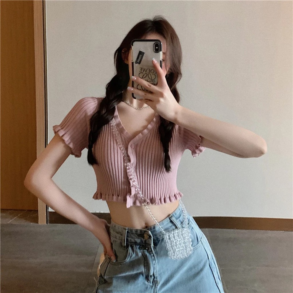 CHIKITO | Áo Len Cardigan Ngắn Tay Cổ V Viền Nhúng - Áo Croptop Quảng Châu 2 Màu Tím - Trắng Kiểu Dáng Ulzzang