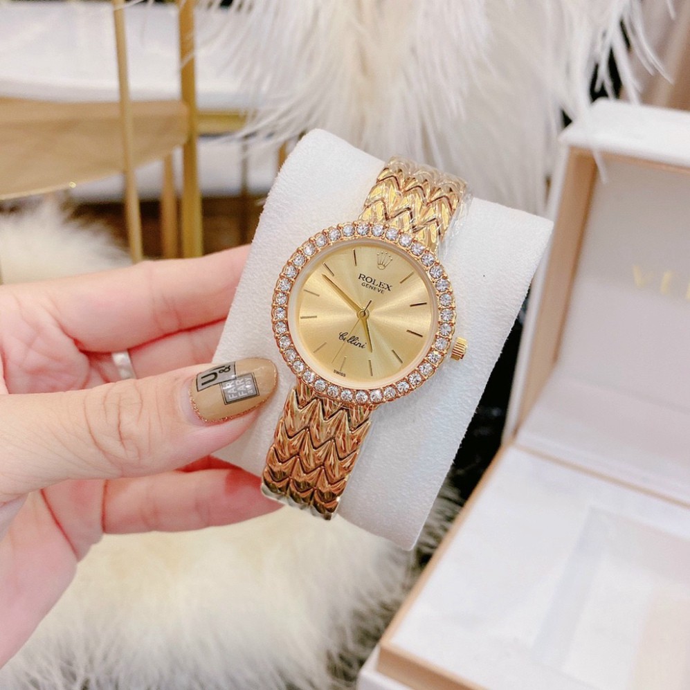 Đồng hồ thời trang nữ Rolex đeo tay dây thép không gỉ đính đá sang trọng dây kim loại mạ vàng chống nước chống xước