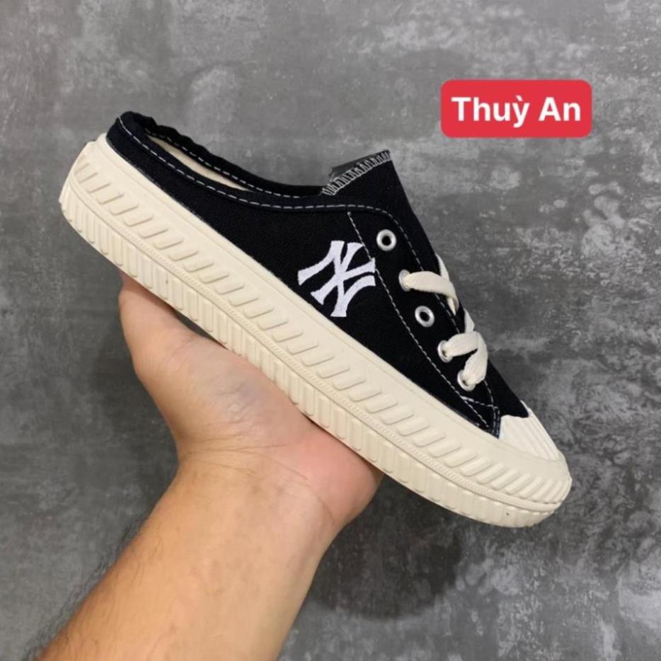 Giày sục đạp gót mlb ny màu đen trắng , giày dép sneaker nữ kiểu dáng lười đẹp full box bill | BigBuy360 - bigbuy360.vn