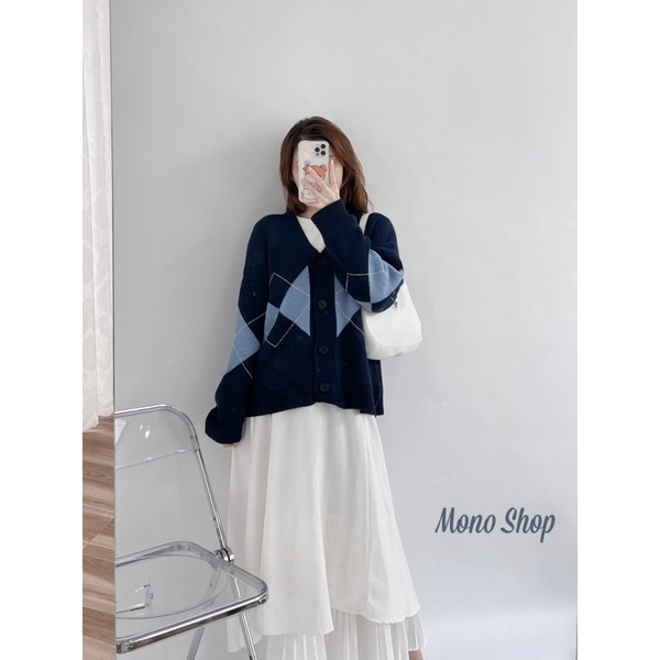 áo khoác cardigan len hoạ tiết chéo giữa phom to dáng dài (Ảnh thật/ sẵn/ Mono shop) | BigBuy360 - bigbuy360.vn