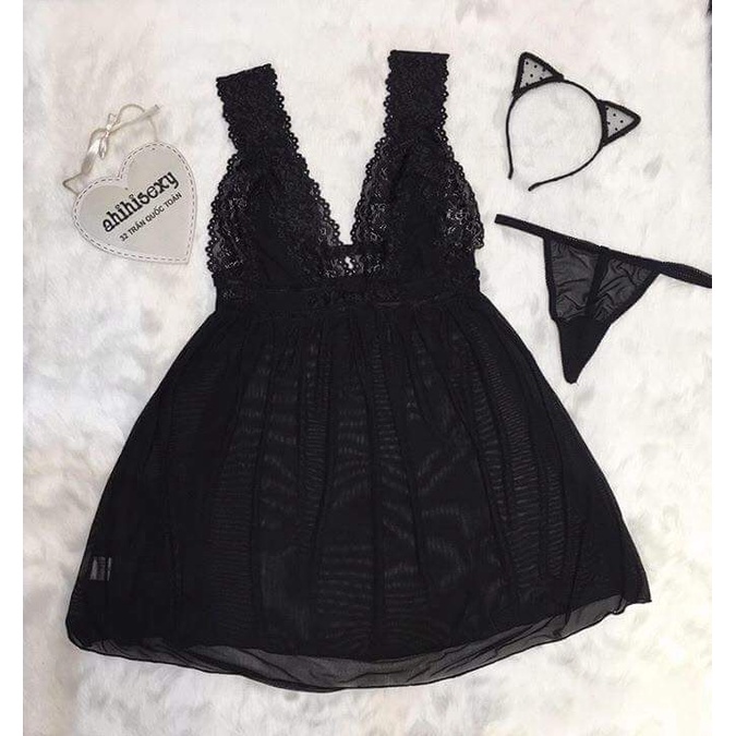 Váy ngủ sexy gợi cảm🖤Freeship🖤Đồ ngủ sexy váy đen mỏng xuyên thấu hở ngực kèm quần chip Freesize 40-56kg E2