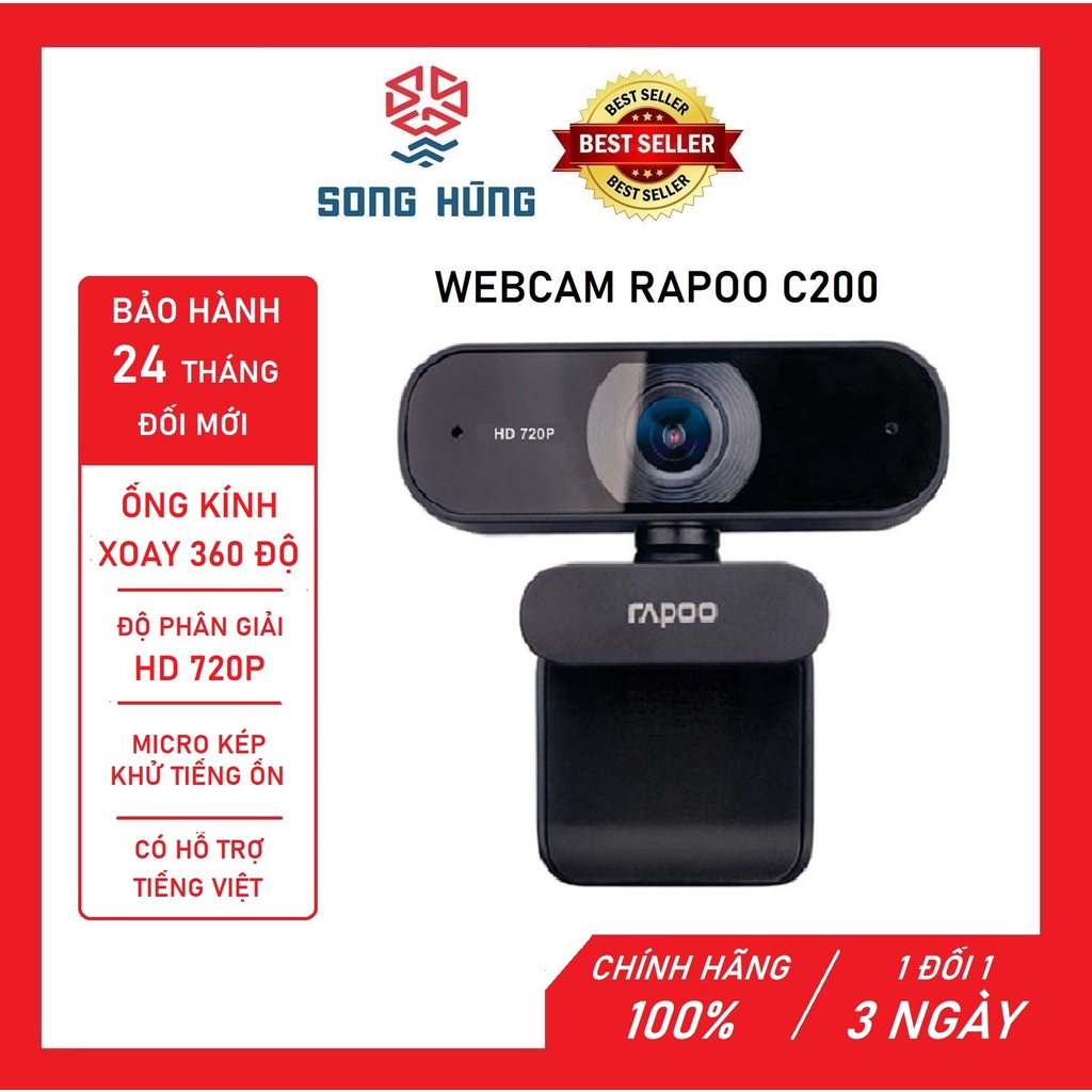 Webcam Rapoo C200 HD 720p học online Tích hợp Micro chung cổng USB hình ảnh HD siêu nét,webcam họp trực tuyến chính hãng