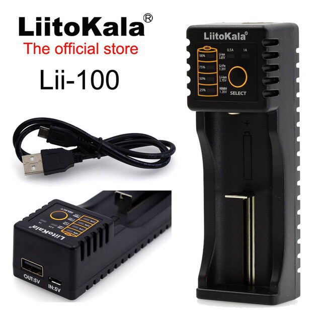 Sạc Pin LIITOKALA LII-100 (1 Pin) - Sạc Pin 3.7v (18650, 14500...), 1.5V (2A, 3A) ... Có Thể Làm Box Sạc Dự Phòng