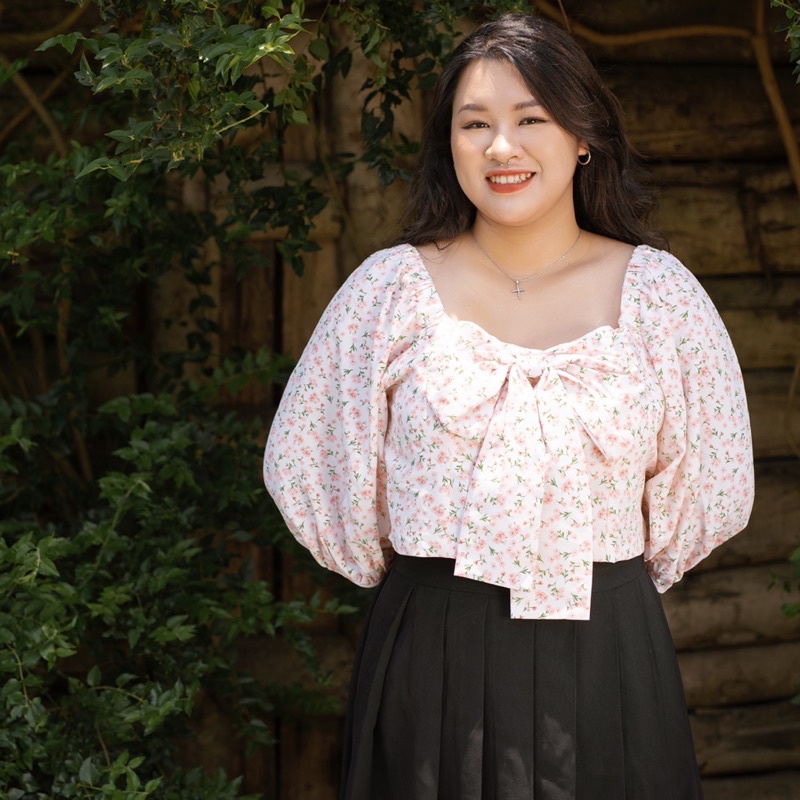 ÁO CROPTOP BIGSIZE HOA NHÍ HỒNG NƠ TO TAY BỒNG - IZYBYNHI