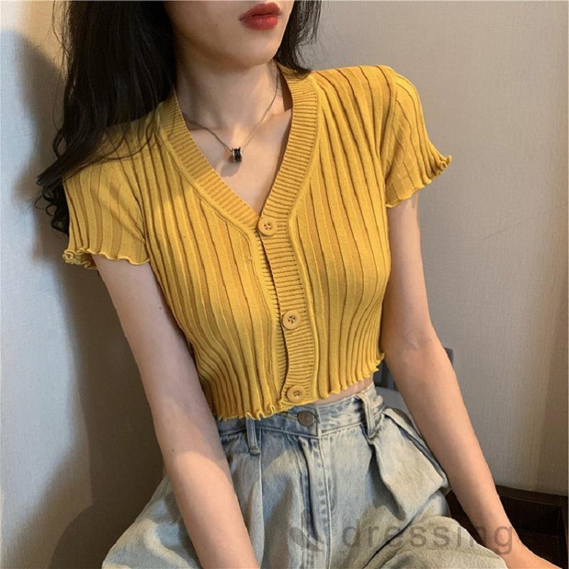 Áo Dệt Kim Tay Ngắn Cổ Chữ V Màu Trơn Kiểu Dáng Hợp Thời Trang Xinh Xắn Cho Nữ