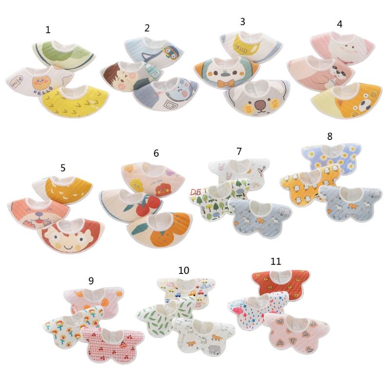 Set 3 yếm in hoạt hình cotton dày xoay 360 độ lau nước bọt ợ hơi thoáng khí không thấm nước