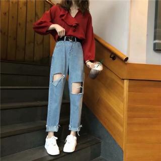 Quần jeans nữ rách gối phong cách Hàn Quốc