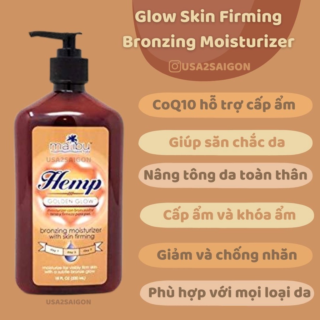 Dưỡng ẩm nâng tông da cho da nâu toàn thân Hemp Lotion Malibu Golden Glow Gradual Tanning Lotion 530ML