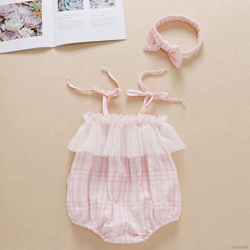 Bộ áo liền quần không tay + băng đô dễ thương cho bé gái từ 0-24 tháng tuổi