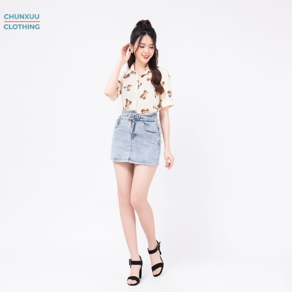 Áo sơ mi nữ kiểu cộc tay Chunxuu thiết kế kiểu dáng basic họa tiết gấu bear thời trang - SK04