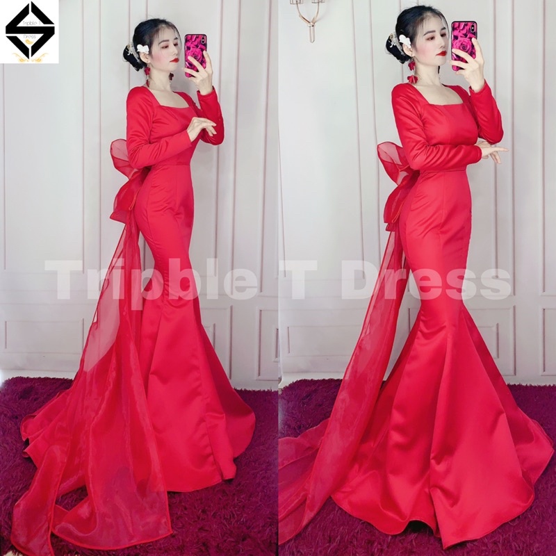 Đầm maxi body đuôi cá dài mặc cưới hở lưng tặn kèn nơ lưng 6 cánh siêu to TRIPBLE T DRESS - size S/M/L - MS177Y