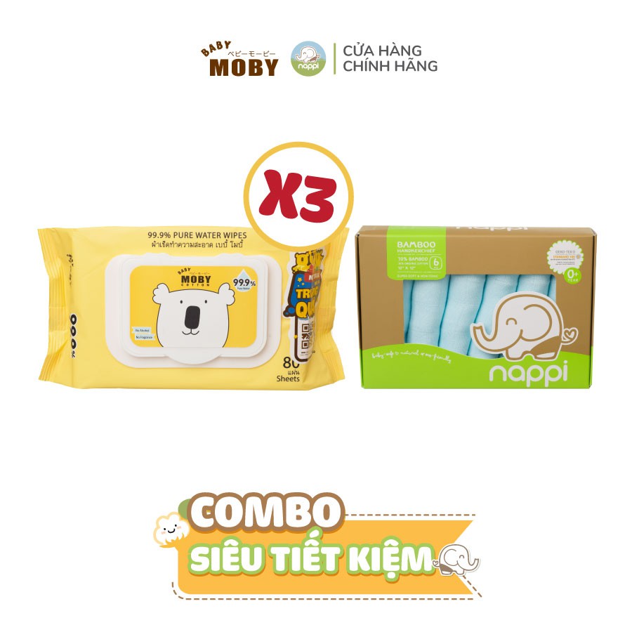 [COMBO SIÊU TIẾT KIỆM] 3 Gói Khăn ướt Moby Baby Thái Lan (80 tờ/gói) + 1 Hộp khăn sữa Nappi (6 chiếc/hộp)