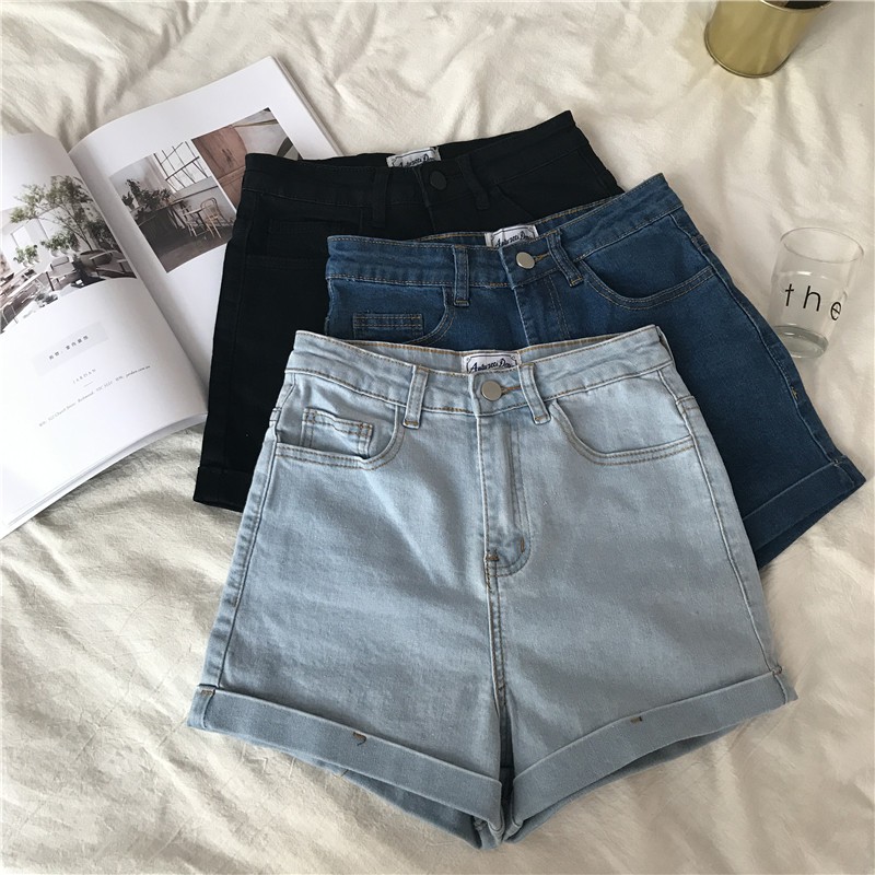 Xiaozhainv Quần short denim lưng cao co dãn kiểu dáng đơn giản hợp thời trang