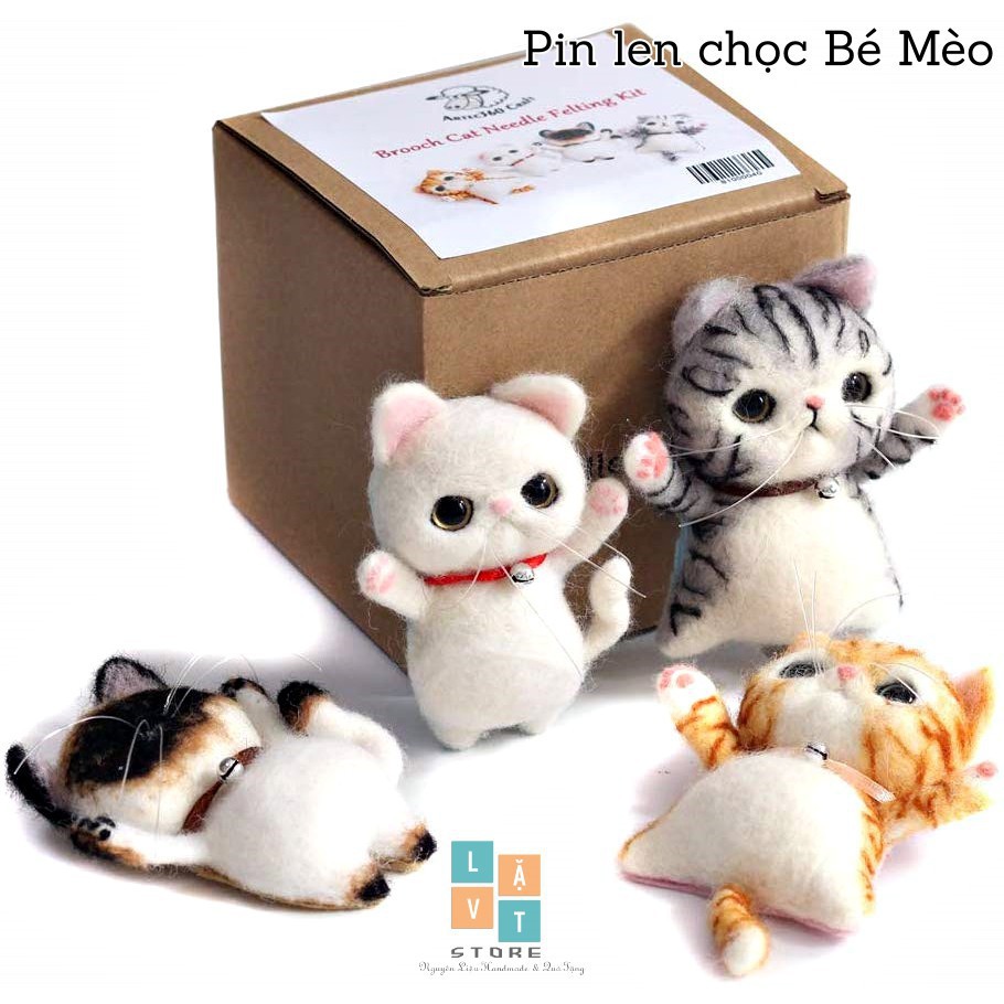 Tự làm Pin cài áo từ len chọc hình Con Mèo, Có Video hướng dẫn - Needle Felting Cat