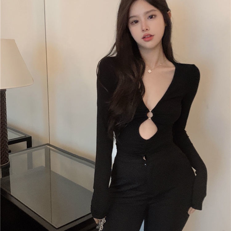 Áo thun tay dài màu trơn thời trang thu đông quyến rũ cho nữ