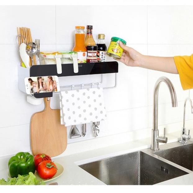 Kệ gia vị nhà bếp thông minh ECOCO | Kệ để đồ đa năng kèm móc, thanh treo khăn 1712