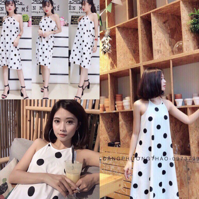 Đầm váy thun bi cột 2 dây cổ yếm xinh xắn babydoll