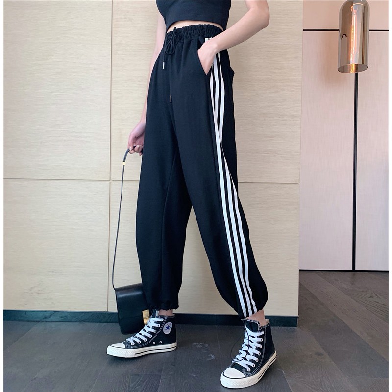 SUXI Quần dài form rộng lưng cao họa tiết kẻ sọc phong cách Hàn Quốc