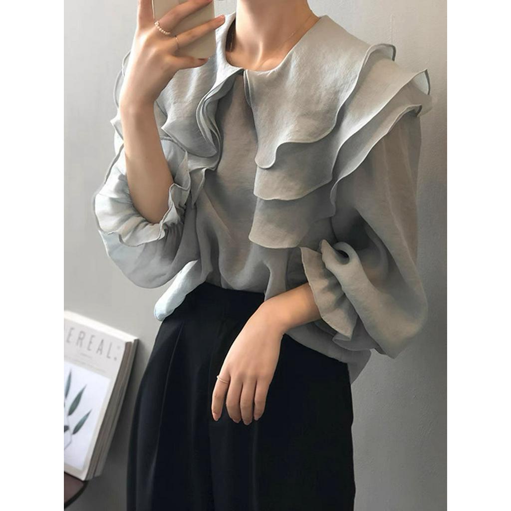 Áo Sơ Mi Tay Dài Nữ dom.in style , Áo SơMi Nữ bèo cổ 3 lớp Mềm thoáng mát  Xinh Xắn TD005