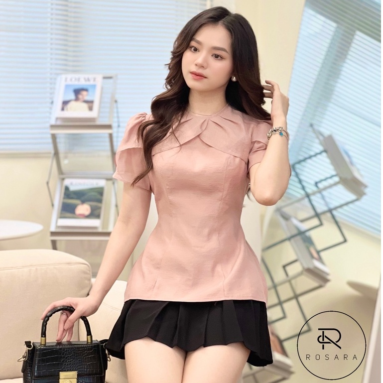 Ao Pelum Thời Trang Nữ Tơ Màu Hồng Chiết Eo Tay Ngắn Tôn Dáng Rosara G22