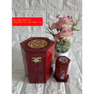 Hộp đựng gói trà gổ hương quý mặt trạm triện gắn chữ thọ đồng kèm hộp tăm HTD02