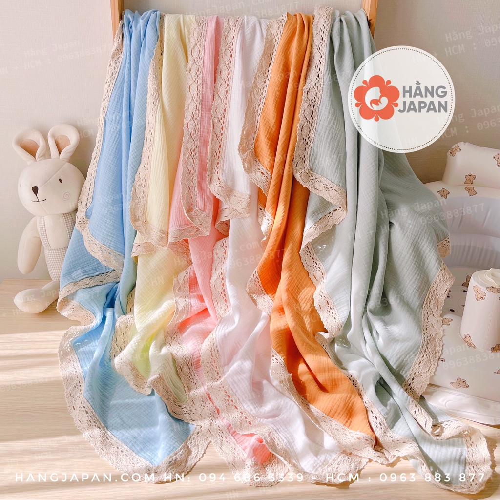 Chăn xô thêu viền ren chất liệu sợi muslim siêu đẹp cho bé kích thước 1.2*1.2m