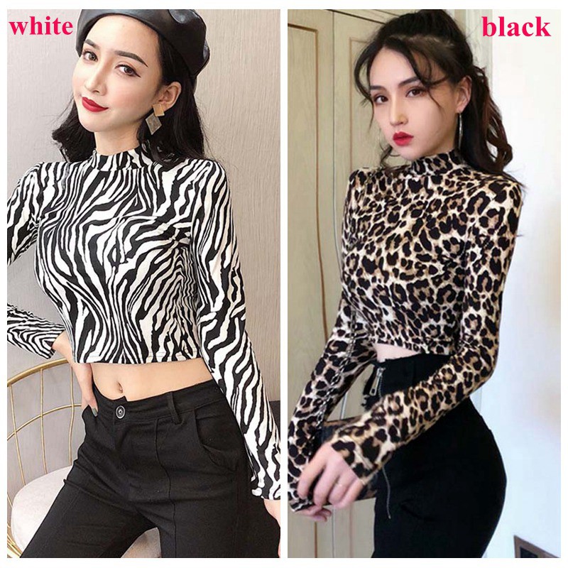 Áo croptop cổ lọ tay dài họa tiết da báo/ sọc vằn cá tính cho nữ