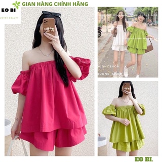 Set áo Trễ Vai Nữ Tay Bồng Kèm quần short chất thô mềm- áo babydoll nữ quần sooc ống rộng về 3 màu hồng xanh cốm trắng