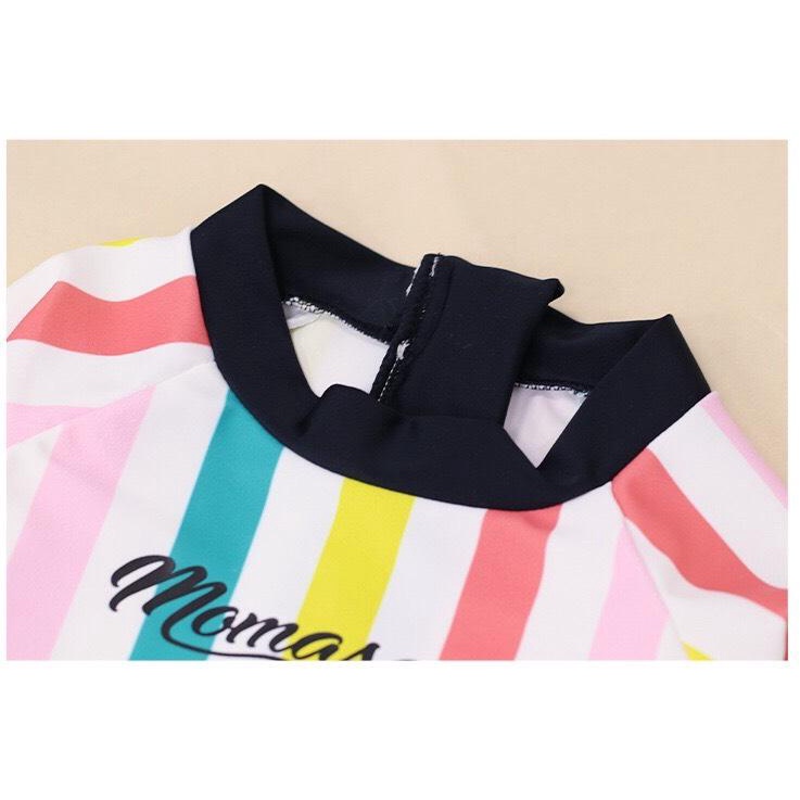 Bộ bơi bé gái dài tay trắng kẻ hồng xanh, liền chân váy, Momasong Korea