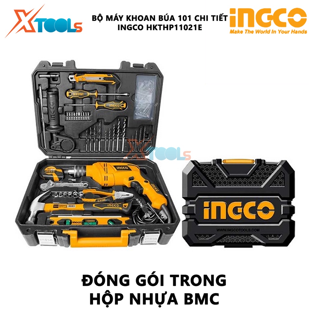 &quot;Bộ máy khoan búa cầm tay 650w 13mm kèm 100 dụng cụ Ingco HKTHP11021E gồm 1 máy khoan cầm tay công suất 650w, đầu khoan