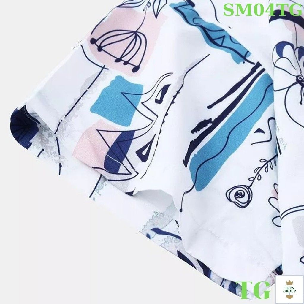 Áo sơ mi nam chất lụa tay ngắn hoạ tiết trắng hoa lá cá tính TENJI  SM04TJ 6 (44 - 72KG)