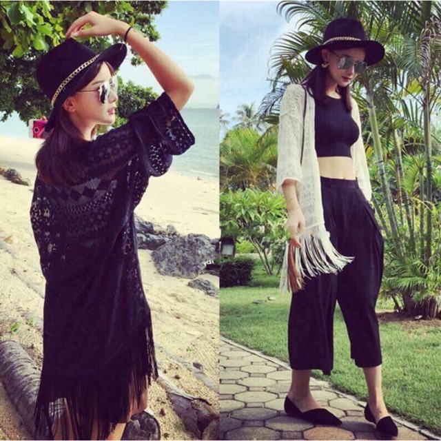 Áo choàng đi biển ren tua rua ( đen/trắng)