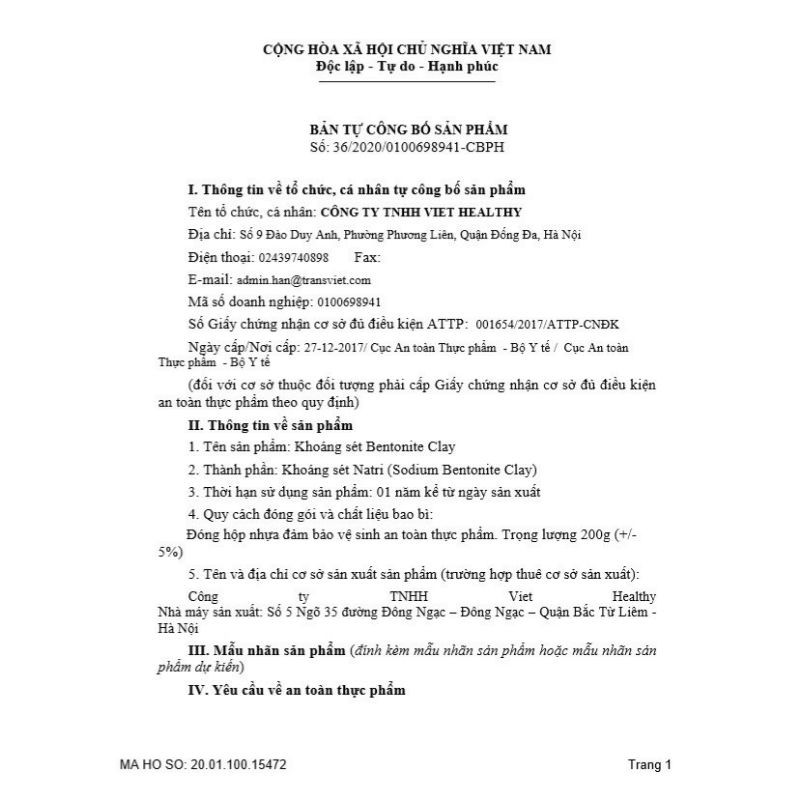 Khoáng sét Bentonite Clay Viet Healthy 100gr