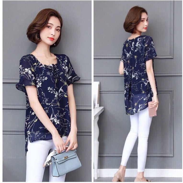 Áo sơ mi hoa tà lệch