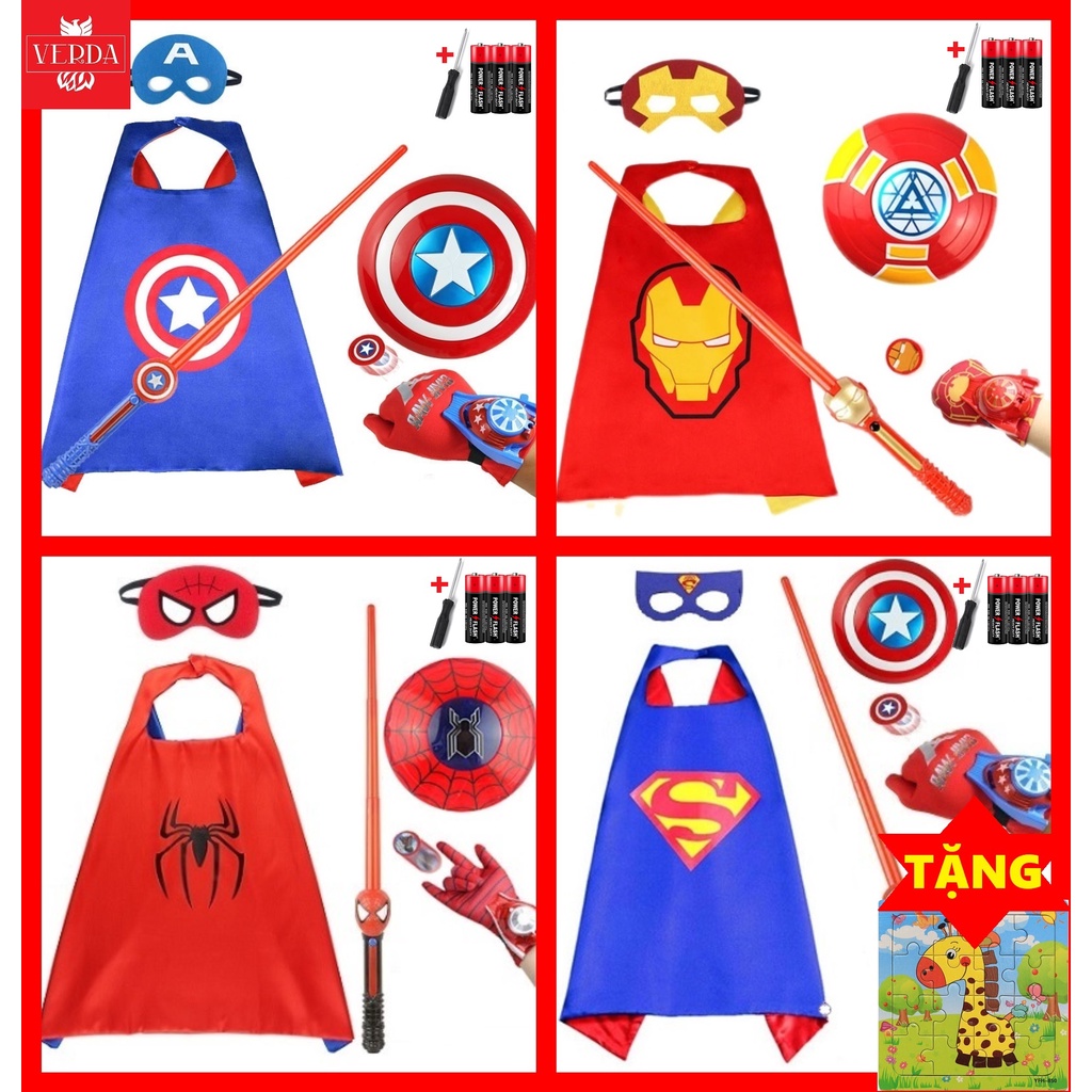 [KÈM PIN VÍT+MẶT NẠ] Bộ Áo Choàng Siêu Nhân Kiếm Khiên Găng Tay Captain Ironman Spider Bat Trẻ Hoá Trang Người Nhện Sắt