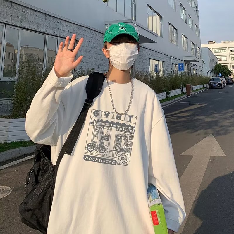 Áo Thun Dài Tay Cổ Tròn In Họa Tiết Đơn Giản Theo Phong Cách Hàn Quốc