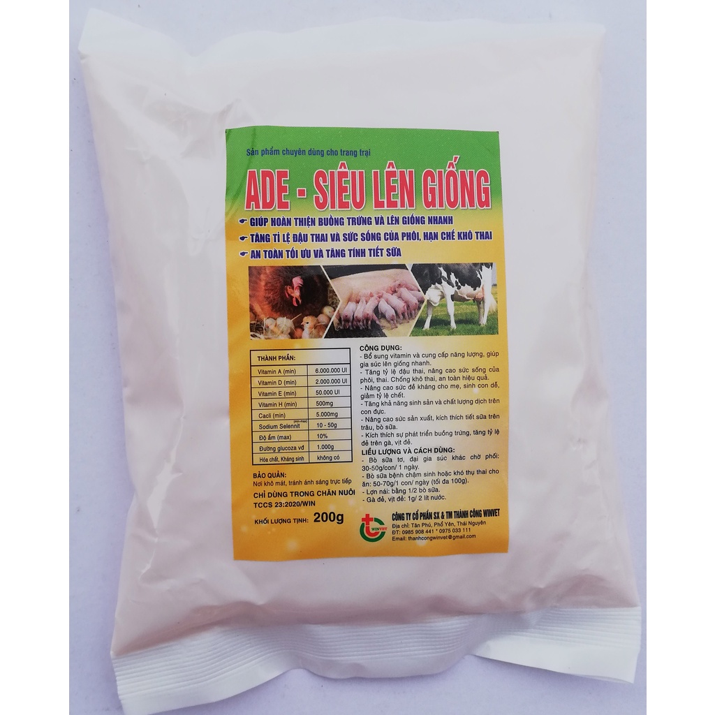 1 gói ADE - SIÊU LÊN GIỐNG 200g Dùng khi vật nuôi chậm đòi đực, chậm hớn, chậm lên giống