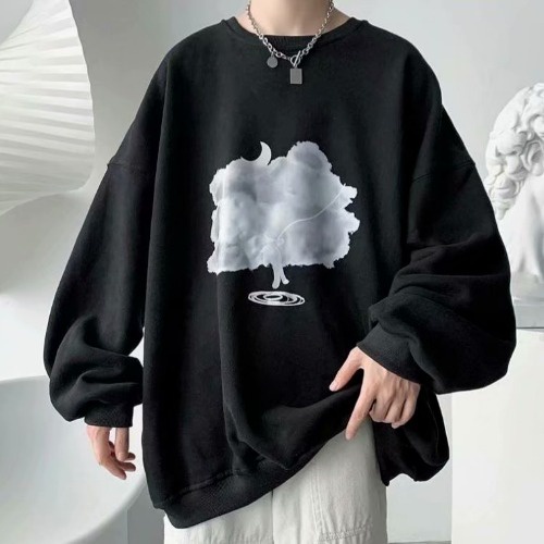 Áo Thun Tay Dài Cổ Tròn Dáng Rộng In Hình Đám Mây Thời Trang Xuân Thu Cho Nam