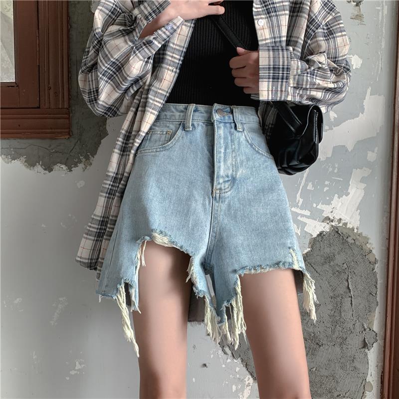 Quần đùi denim ống rộng lưng cao thời trang độc đáo dành cho nữ