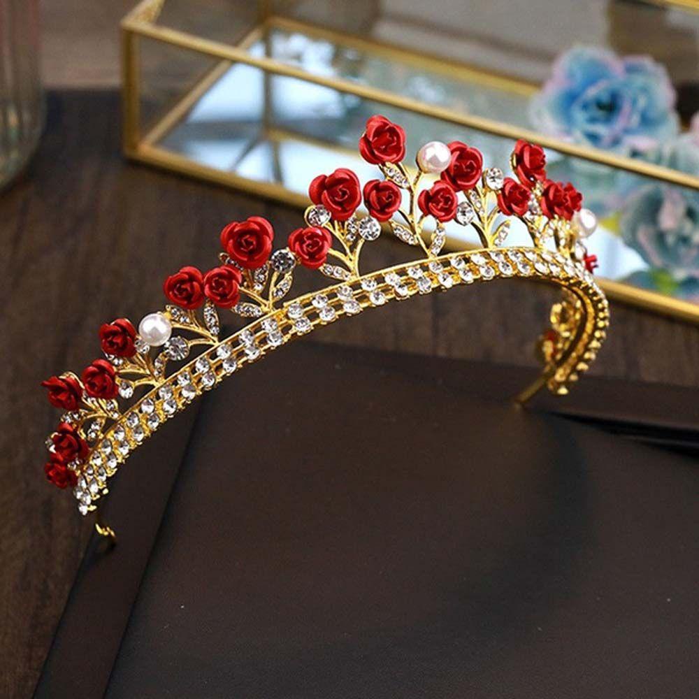 Cài Tóc Cô Dâu Đính Hoa Hồng Đỏ Phong Cách Vintage Thanh Lịch|Vương Miện Hợp Kim Thiết Kế Sang Trọng Cho Nữ