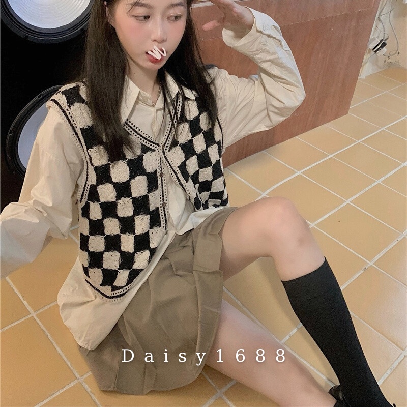 Áo Khoác Gile Không Tay Cổ V, Kẻ Caro Thời Trang Hàn Quốc Daisy1688